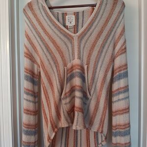 Billabong Striped V-Neck Sweater Hoodie in Cream, Rust & Blue